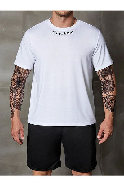 DUBU BUTİK Freedom Collar T-shirt Shorts - White Black Bottom Top Set Shorts T-shirt Combination Printed Crew Neck