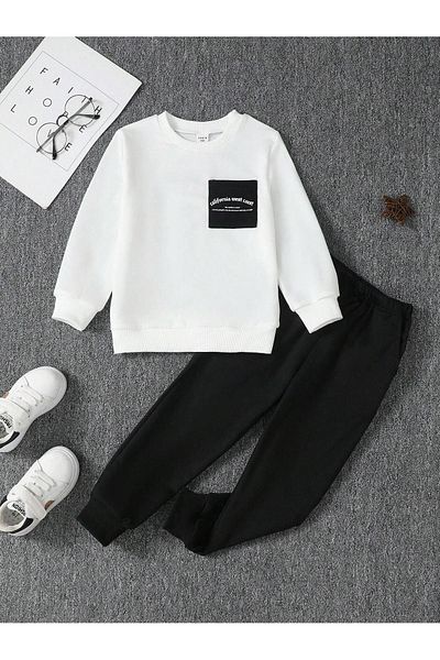 DUBU BUTİK California Cotton Kids Set - White Sweatshirt and Black Jogger Printed Crew Neck for Boys and Girls
