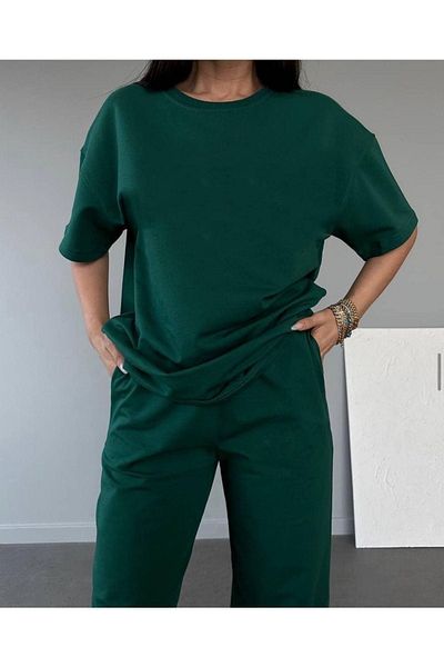 CLAYES Basic T-shirt Sweatpants Jogger - Σετ αθλητικής φόρμας με πράσινο Flat Top Top Oversize Crew Neck