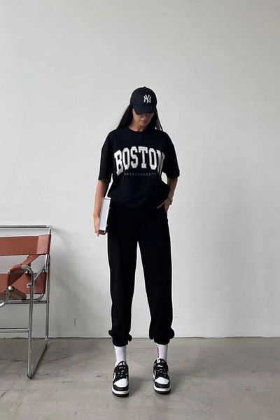 DUBU BUTİK Boston T-shirt Sweatpants Jogger - Σετ φόρμας με μαύρη στάμπα στο κάτω μέρος Oversize Crew Neck