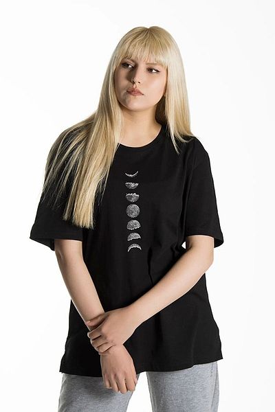 DUBU BUTİK Unisex Μαύρο βαμβακερό μπλουζάκι Oversize Phases of the Moon με στάμπα χαλαρή εφαρμογή