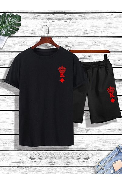 DUBU BUTİK K Crown T-shirt Shorts - Black Bottom Top Combination Shorts T-shirt Set Printed Oversize Crew Neck