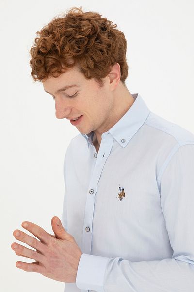 U.S. Polo Assn. Cămașă albastră slim fit din țesătură Dokuama 100% bumbac