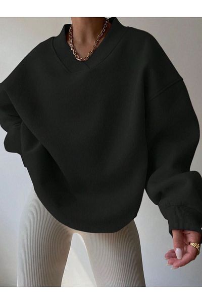 CLAYES Black Oversize V-Neck Women's Sweatshirt - Layered