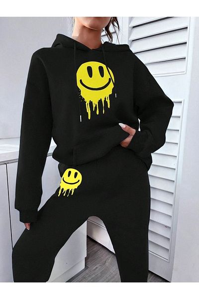 DUBU BUTİK Emoji Sweatpants Set Sweatshirt Jogger - Μαύρη στάμπα Oversize Raised Hooded
