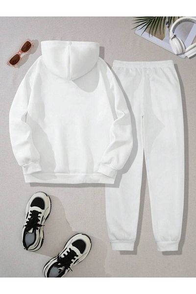 DUBU BUTİK Los Angeles Tracksuit Set Sweatshirt Jogger - White Printed Oversize Raster Hooded