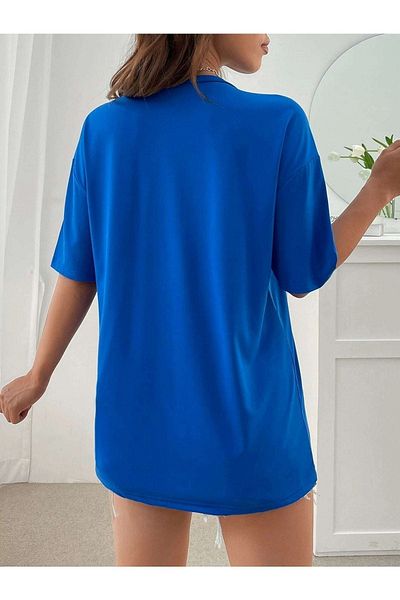 DUBU BUTİK Μπλουζάκι Over Thinking - Μπλουζάκι με κοντό μανίκι Saks Blue με στάμπα Oversize Crew Neck