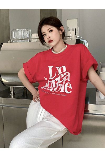 DUBU BUTİK Kable T-shirt - Red Oversize Printed Crew Neck