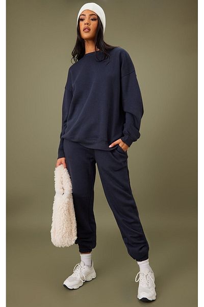 DUBU BUTİK Απλό Basic Φούτερ - Navy Blue μακρυμάνικο Oversize Crew Neck