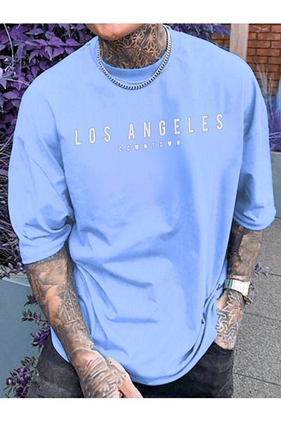 DUBU BUTİK Los Angeles Downtown Single Jersey T-Shirt - Baby Blue printed Oversize Crew Neck κοντομάνικο T-shirt