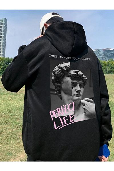 DUBU BUTİK Perfect Life Sweatshirt - Black Printed Oversize Hoodie