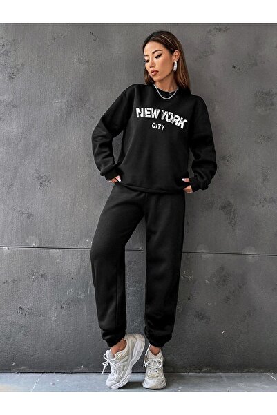 DUBU BUTİK New York City αθλητική φόρμα Jogger - Μαύρη στάμπα Oversize Crew Neck