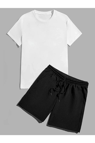 DUBU BUTİK Never Look Back T-shirt Shorts - White Black Bottom Top Team Shorts T-shirt Combo Printed Crew Neck