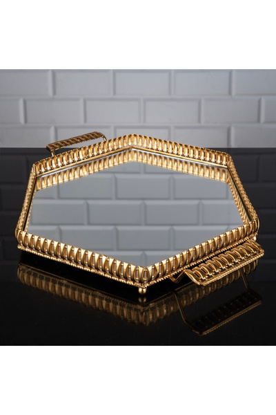 ZETT Flora Altıgen Büyük Tepsi Aynalı Metal Kulplu Jardinyer Altın