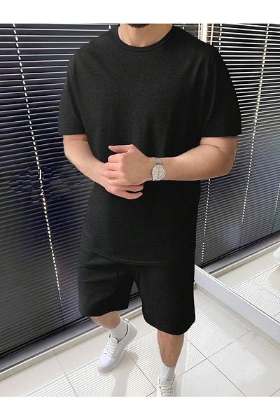 DUBU BUTİK Μαύρο T-shirt και Σορτς Σετ - Oversize Crew Neck Συνδυασμός