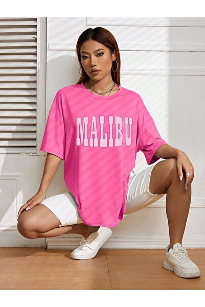 DUBU BUTİK Μπλουζάκι Malibu - Μπλουζάκι με κοντό μανίκι με ροζ στάμπα