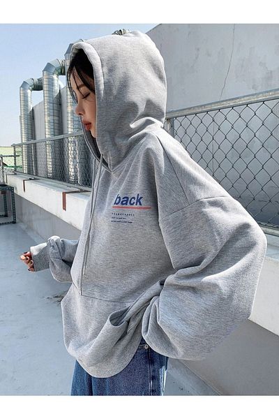 DUBU BUTİK Youngchance Gray Oversize Hooded Sweatshirt