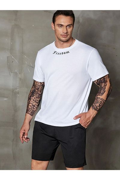DUBU BUTİK Freedom Collar T-shirt Shorts - White Black Bottom Top Set Shorts T-shirt Combination Printed Crew Neck