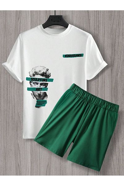 DUBU BUTİK Sculpture Art T-Shirt Shorts - White Nefti Green Shorts T-Shirt Set Printed Oversize Crew Neck