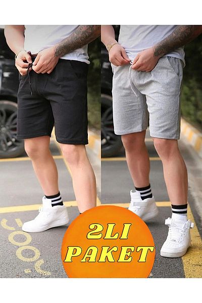 DUBU BUTİK 2-Piece Plain Combed Cotton Short Shorts Black and Gray Combed Cotton Corded Fit Pocket