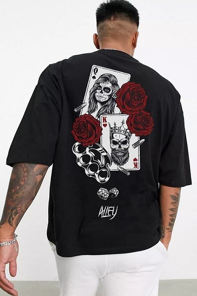 DUBU BUTİK Card T-shirt - Black Printed Oversize Crew Neck Short Sleeve T-Shirt