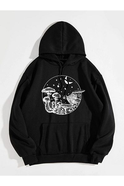 DUBU BUTİK Mushroom Night Sweatshirt - Black Printed Oversize Hoodie