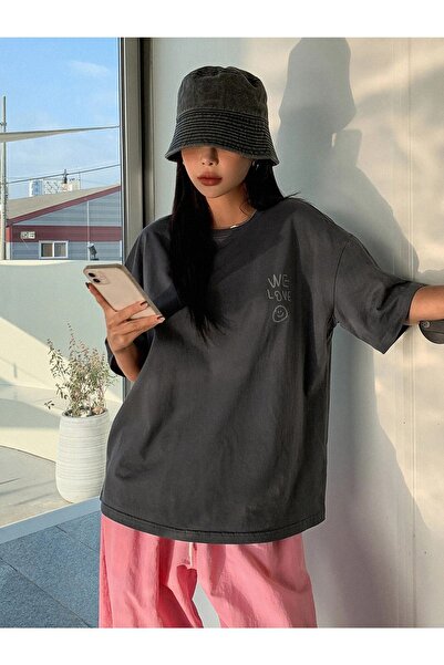 DUBU BUTİK Smoked Oversize Love T-shirt - Oversize Printed