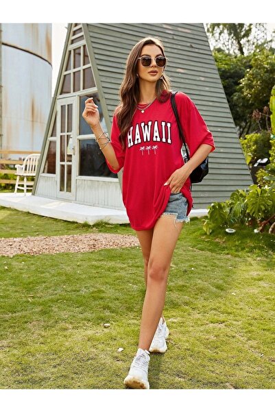 DUBU BUTİK Hawaii T-shirt - Red Printed Oversize Crew Neck Short Sleeve T-Shirt