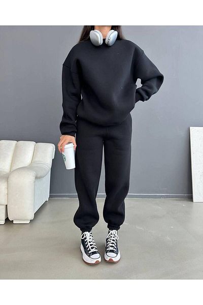 DUBU BUTİK Unprinted Sweatpants Set Sweatshirt Jogger - Μαύρο Oversize Raster Crew Neck