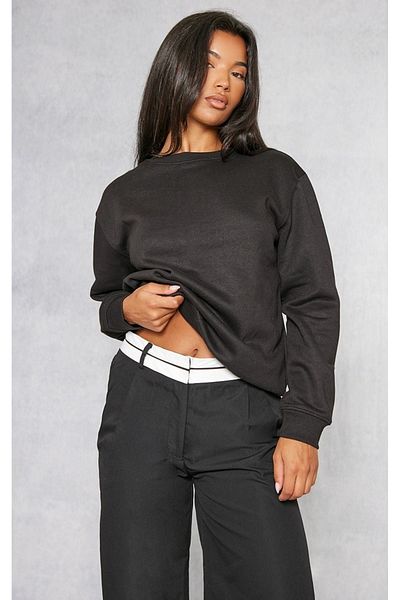DUBU BUTİK Black Oversize Plain Sweatshirt - Long Sleeve, Crew Neck