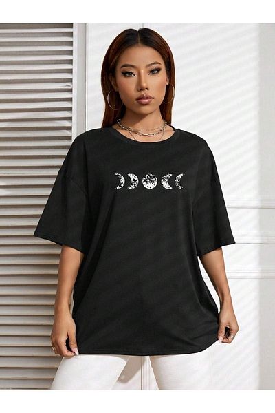 DUBU BUTİK Moon Phase T-Shirt - Black Printed Oversize Crew Neck Short Sleeve