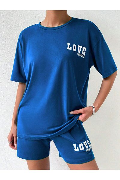 DUBU BUTİK Love Yourself T-shirt Shorts - Saks Blue Bottom Top Combination Shorts T-shirt Set Printed Crew Neck