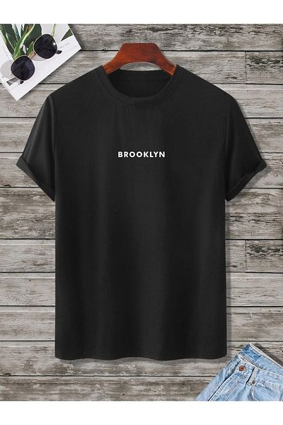 DUBU BUTİK Μπλουζάκι Brooklyn Minimal - Μαύρο εμπριμέ κοντομάνικο μπλουζάκι με λαιμόκοψη