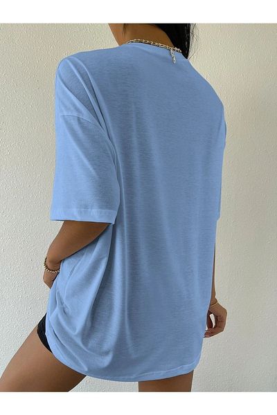 DUBU BUTİK Over Thinking T-shirt - Baby Blue Printed Oversize Crew Neck T-shirt με κοντό μανίκι