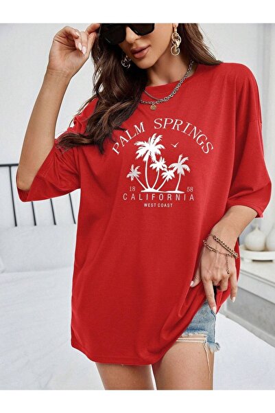 DUBU BUTİK California Palm Springs T-shirt - Red Printed Oversize Crew Neck Short Sleeve T-Shirt