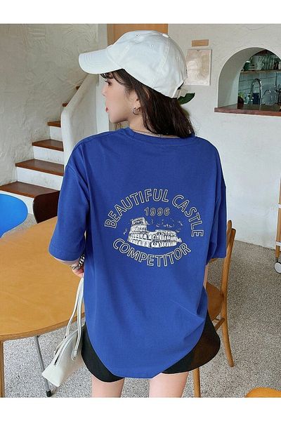 DUBU BUTİK Beatiful Castle T-Shirt - Sax Blue Printed Oversize Crew Neck Short Sleeve