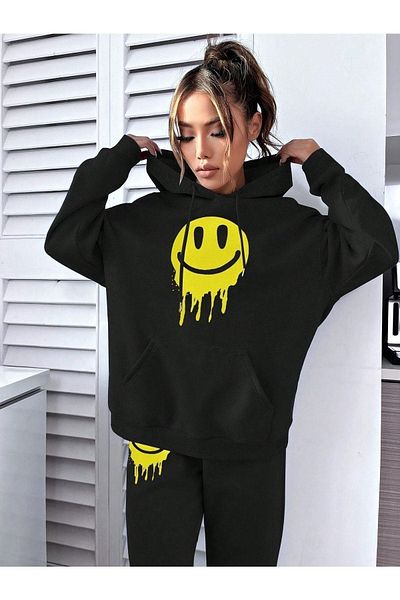 DUBU BUTİK Emoji Sweatpants Set Sweatshirt Jogger - Μαύρη στάμπα Oversize Raised Hooded