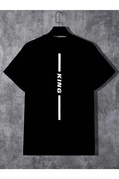 DUBU BUTİK King Back T-shirt Shorts - Black Bottom Top Combination Shorts T-shirt Set Printed Oversize Crew Neck