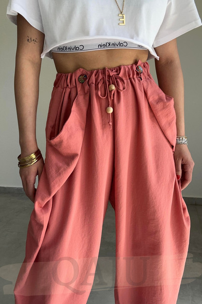 Qaju Women's Rubber Waist Design Baggy Trousers with Pockets