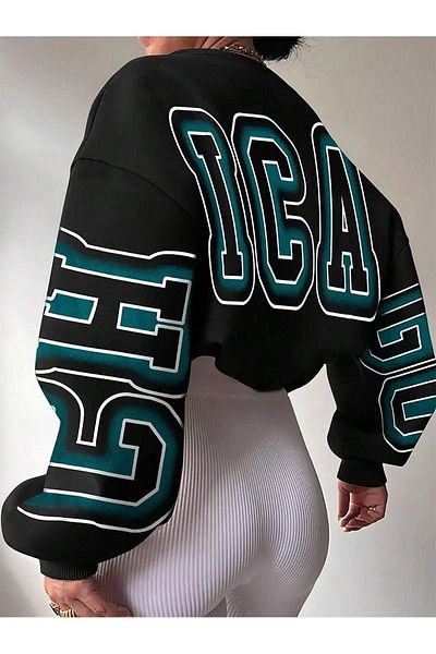 DUBU BUTİK Ica Winter Thick Sweatshirt - Black Printed Oversize Thick Winter Crew Neck