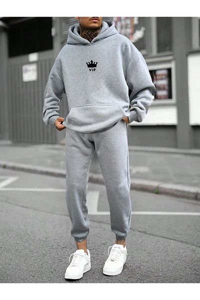 DUBU BUTİK Σετ φόρμας Vip Φούτερ Jogger - Γκρι εμπριμέ Oversize Raised Hooded
