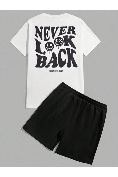DUBU BUTİK Never Look Back T-shirt Shorts - White Black Bottom Top Team Shorts T-shirt Combo Printed Crew Neck