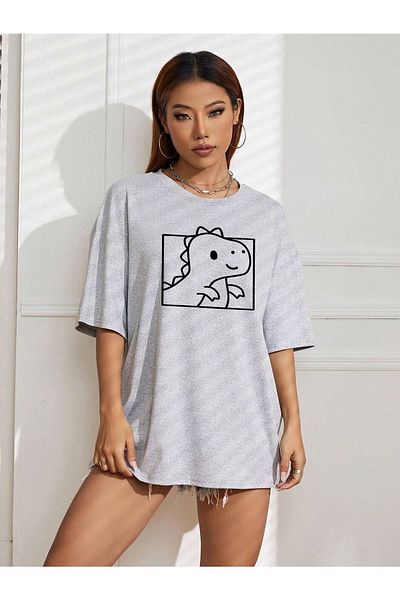 DUBU BUTİK Μπλουζάκι Oversize σε γκρι στάμπα Dinosaur - Crew Neck