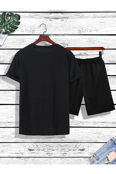 DUBU BUTİK K Crown T-shirt Shorts - Black Bottom Top Combination Shorts T-shirt Set Printed Oversize Crew Neck