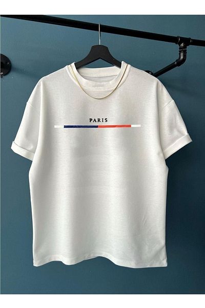 DUBU BUTİK Μπλουζάκι Paris Stripe Detail - Λευκό εμπριμέ κοντό μανίκι με λαιμόκοψη