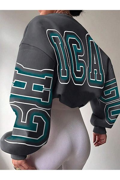 DUBU BUTİK Ica Winter Thick Sweatshirt - Smoked Printed Oversize Thick Winter Crew Neck