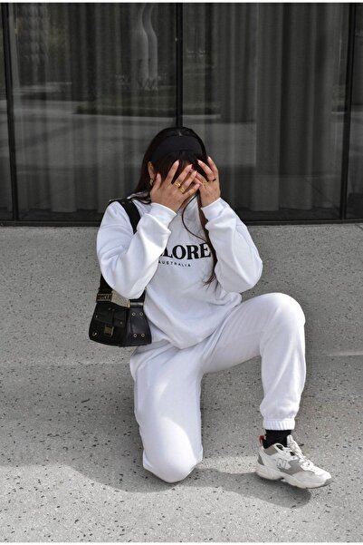 DUBU BUTİK Σετ φόρμας Ellore Australia Φούτερ Jogger - Λευκή στάμπα Oversize Crew Neck