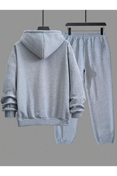 DUBU BUTİK Σετ φόρμας Vip Φούτερ Jogger - Γκρι εμπριμέ Oversize Raised Hooded