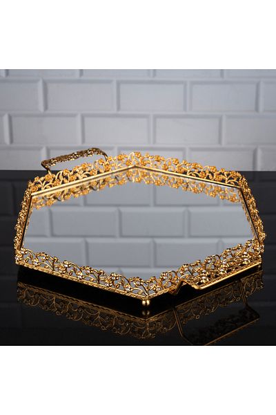 ZETT Diamond Hexagon Large Tray Mirrored Metal Handle Jardiner Gold