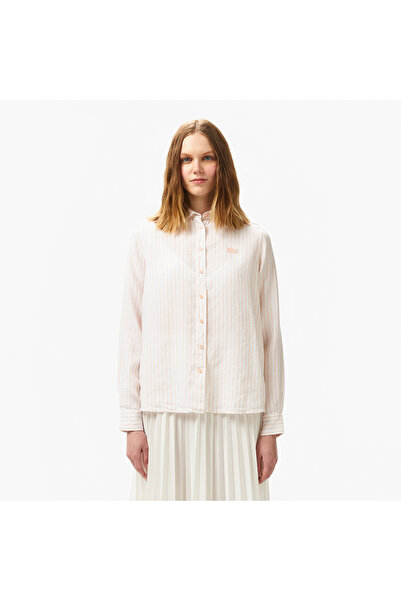 Lacoste Kadın Relaxed Fit Çizgili Keten Açık Pembe Gömlek